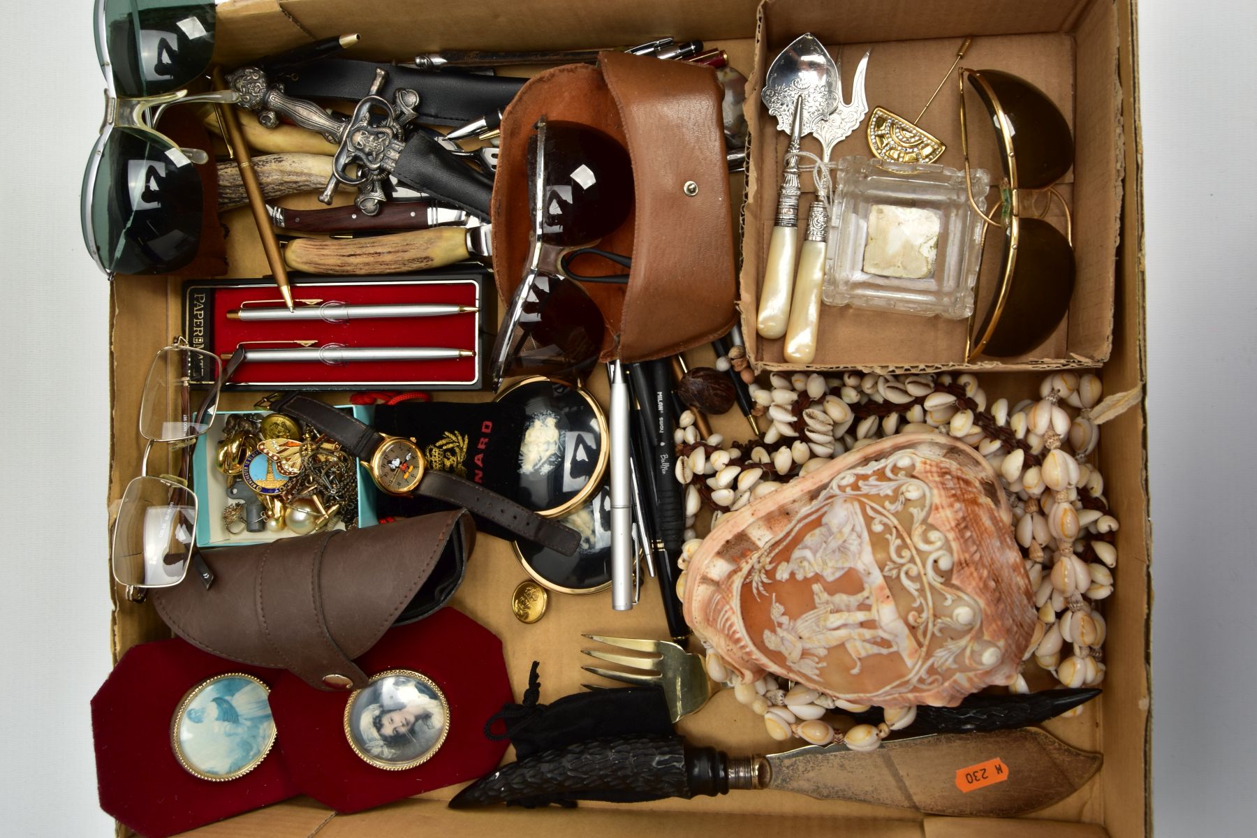 A BOX OF ASSORTED ITEMS, to include a silver and mother of pearl bread fork, hallmarked 'Robert