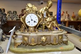 A SECOND HALF 19TH CENTURY FRENCH ALABASTER AND GILT METAL FIGURAL MANTEL CLOCK BY JAPY FRERES, with