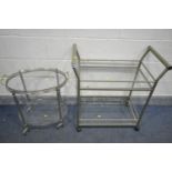 TWO METAL DRINKS TROLLEYS, one with two removable glass shelves, the smaller one with a removable