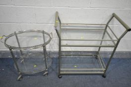 TWO METAL DRINKS TROLLEYS, one with two removable glass shelves, the smaller one with a removable