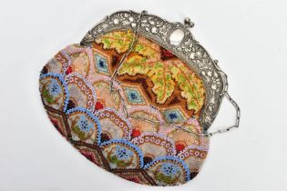 A LADIES LATE 19TH CENTURY GERMAN BEADED BAG, designed as a white metal foliate and fruit embossed