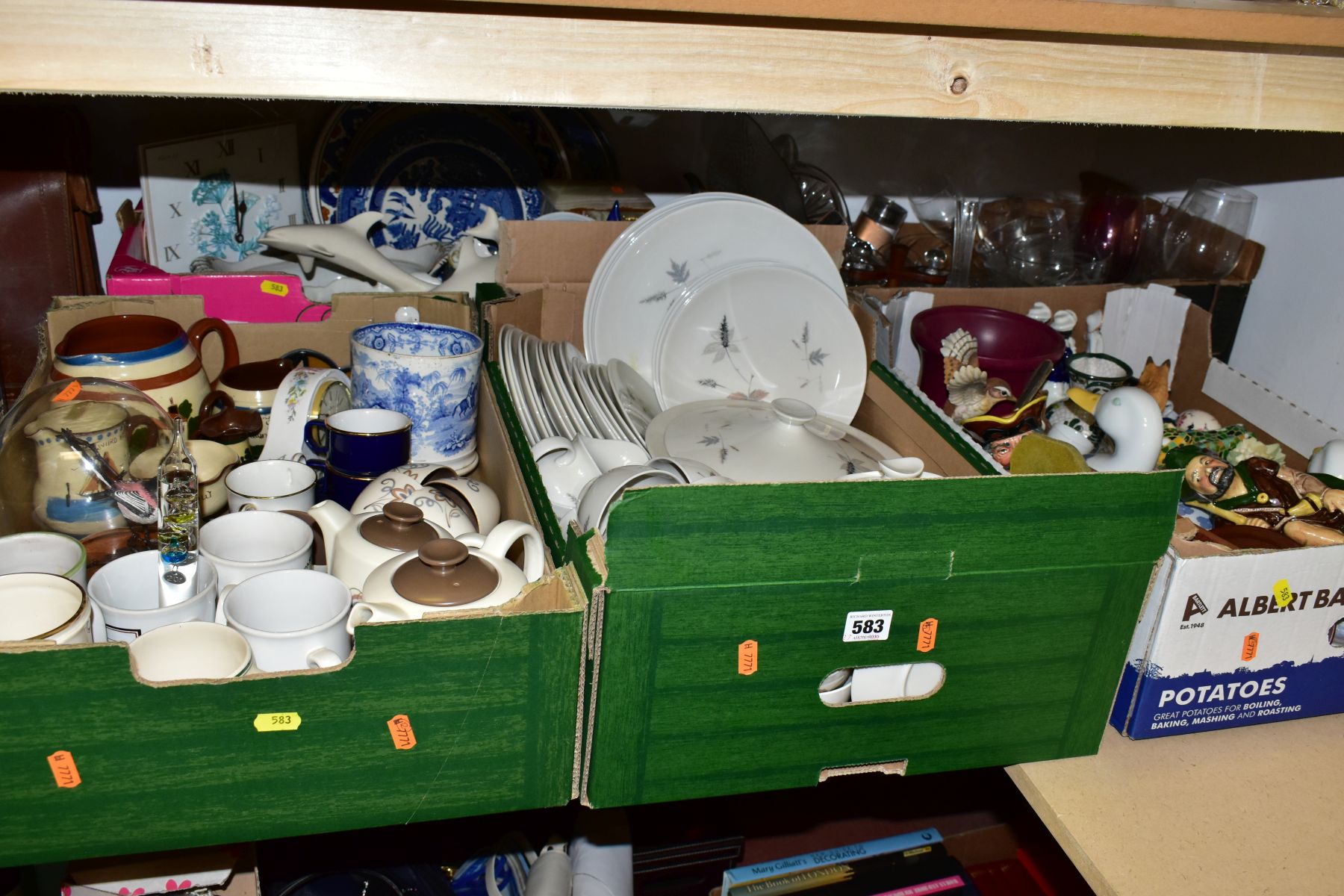 FIVE BOXES OF CERAMICS, GLASSWARES AND SUNDRY ITEMS, to include a fifty six piece Royal Doulton