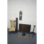 A COLLECTION OF OCCASIONAL FURNITURE, to include a brass and oak wall mounted water clock, a brass