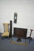 A COLLECTION OF OCCASIONAL FURNITURE, to include a brass and oak wall mounted water clock, a brass