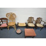 A QUANTITY OF CHAIRS/STOOLS, comprising a pair of 20th century beech bergère back open armchairs,