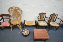 A QUANTITY OF CHAIRS/STOOLS, comprising a pair of 20th century beech bergère back open armchairs,