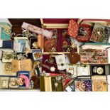 A BOX OF ASSORTED COSTUME JEWELLERY AND OTHER ITEMS, to include small jewellery boxes, beaded