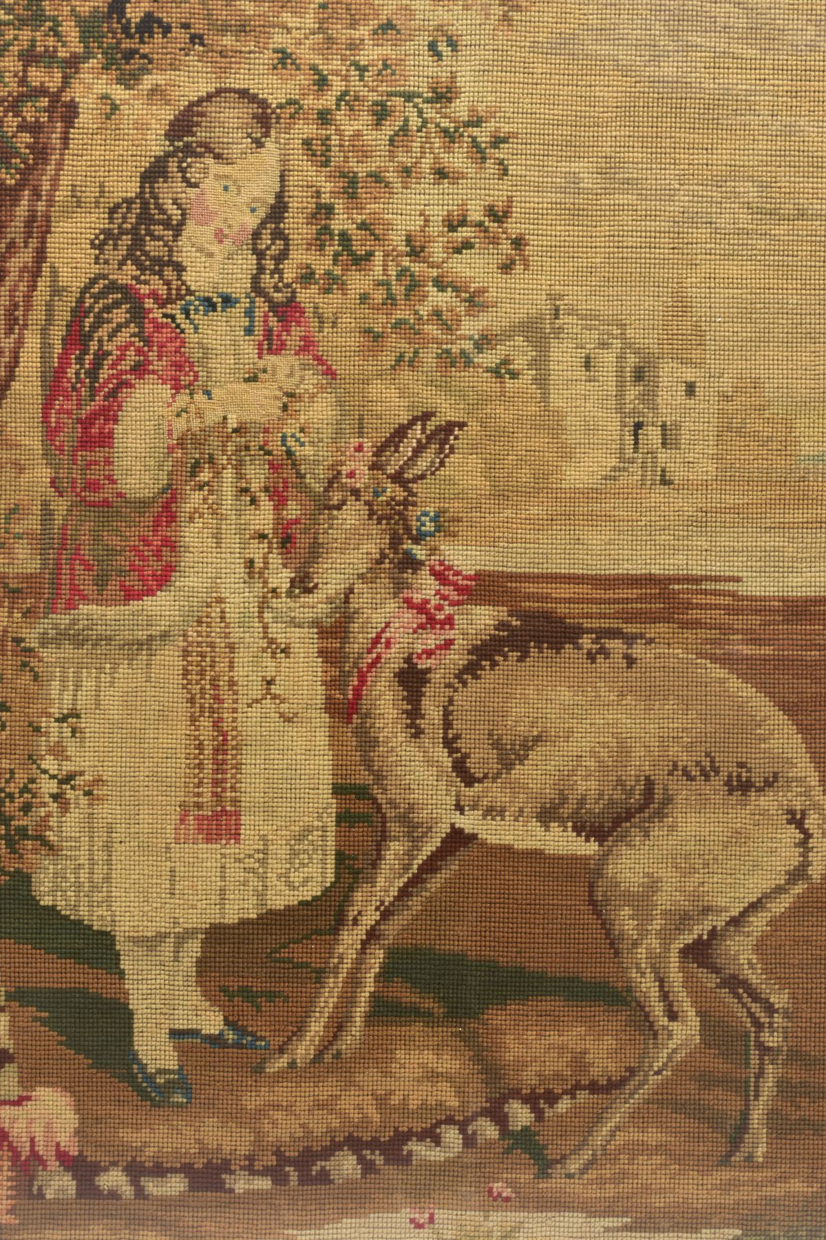A VICTORIAN HAND SEWN TAPESTRY DEPICTING A YOUNG FEMALE FIGURE PUTTING FLOWER GARLANDS ONTO A - Bild 2 aus 4
