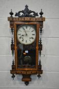 A 19TH CENTURY WALNUT WALL CLOCK, with Tunbridge ware inlay and ebonised decoration, singed H
