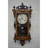 A 19TH CENTURY WALNUT WALL CLOCK, with Tunbridge ware inlay and ebonised decoration, singed H