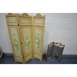 A CREAM PAINTED THREE SECTION FOLDING SCREEN, with flowers in a vase painted to three panels,