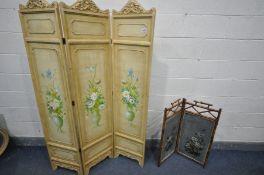 A CREAM PAINTED THREE SECTION FOLDING SCREEN, with flowers in a vase painted to three panels,