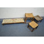 A LONG OAK NEEDLEWORK FOOTSTOOL, length 105cm, three rush topped stools (4)