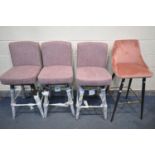 THREE SWIVEL BAR STOOLS WITH LIGHT PURPLE UPHOLSTERY, height 108cm, along with a pink velvet