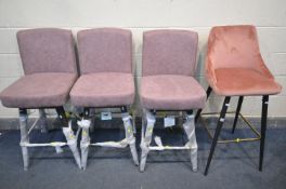 THREE SWIVEL BAR STOOLS WITH LIGHT PURPLE UPHOLSTERY, height 108cm, along with a pink velvet