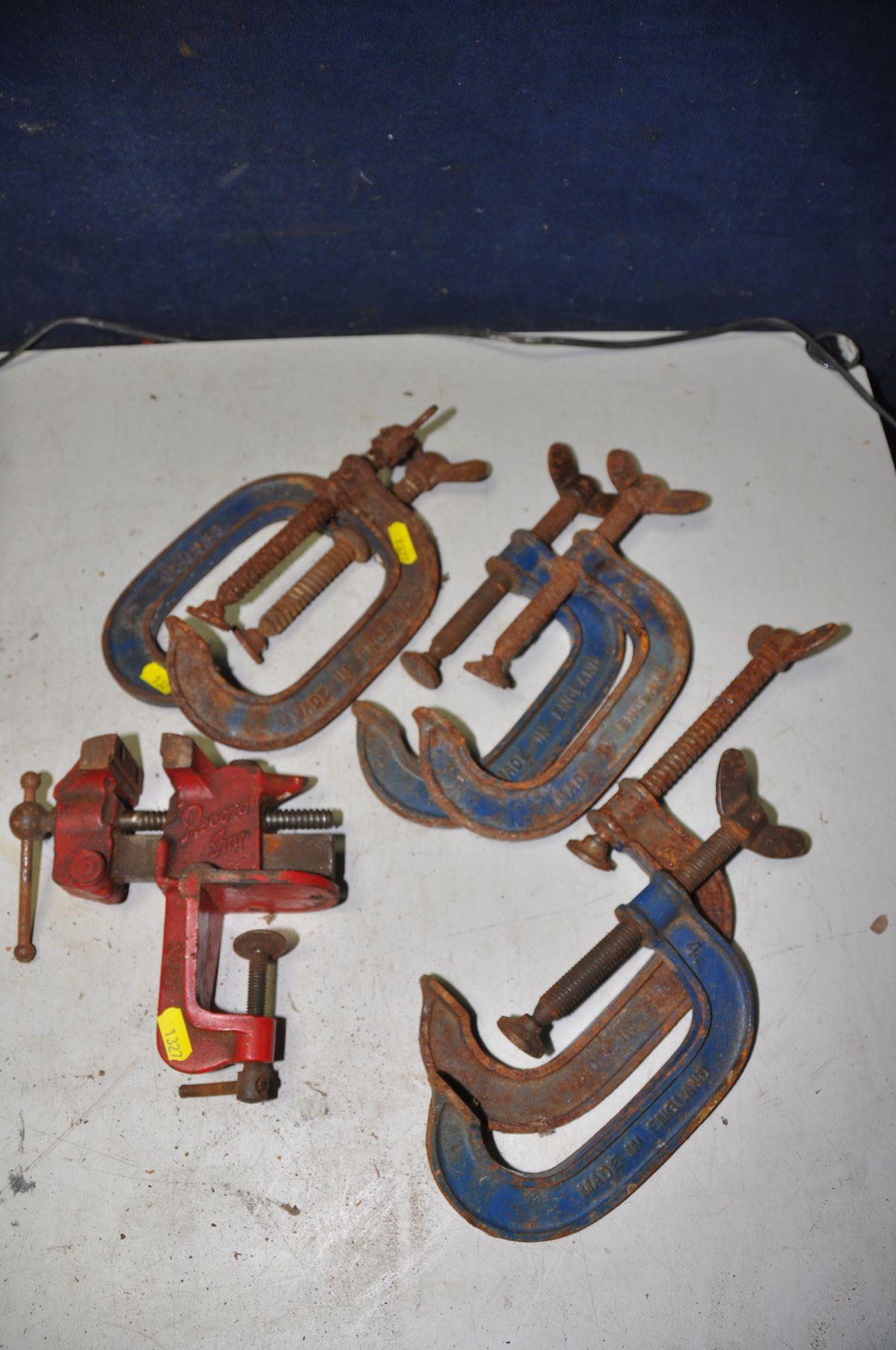 SIX RECORD No4 G-CLAMPS (some rust), along with a Record No80 vice
