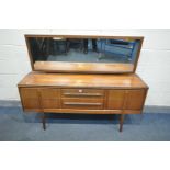 A MID CENTURY WRIGHTON TEAK DRESSING TABLE, with a single rectangular mirror, and six drawers, width