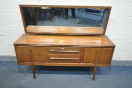 A MID CENTURY WRIGHTON TEAK DRESSING TABLE, with a single rectangular mirror, and six drawers, width