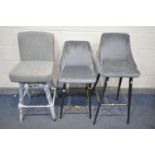 TWO GREY VELVET METAL FRAMED BAR STOOLS, tallest 108cm x shortest 96cm, along with a swivel bar