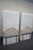 TWO SINGLE DIVAN BED, HEALTHBEDS HYPO-ALLERGENIC SLEEP RANGE MATTRESSES, and beige fabric headboard