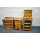 A PINE THREE DRAWER BEDSIDE CABINET, along with a pine hi-fi cabinet, two drawer cd cabinet