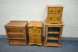 A PINE THREE DRAWER BEDSIDE CABINET, along with a pine hi-fi cabinet, two drawer cd cabinet