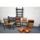A SELECTION OF OCCASIONAL FURNITURE, to include an oak bureau with a single drawer, two occasional