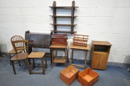 A SELECTION OF OCCASIONAL FURNITURE, to include an oak bureau with a single drawer, two occasional