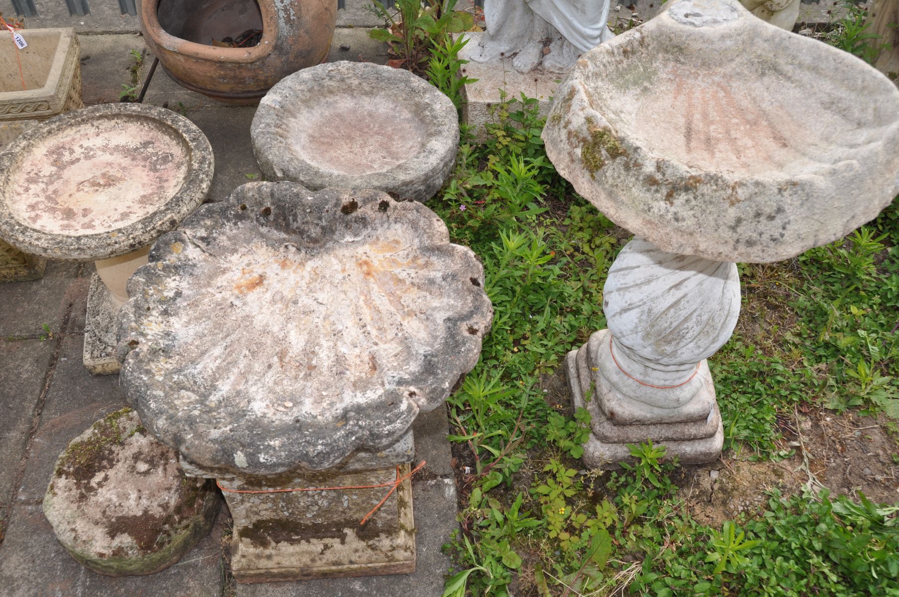 A COMPOSITE SHELL SHAPED BIRD BATH, on a separate spiralling base, height 76cm (condition:-missing
