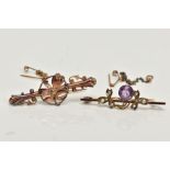 TWO EDWARDIAN 9CT GOLD GEM SET BAR BROOCHES, the first depicting circular shape rubies and tulip