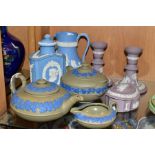 A GROUP OF WEDGWOOD DRABWARE AND JASPERWARES, to include a taupe brown drabware three piece tea set,