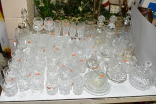 A QUANTITY OF CUT CRYSTAL AND OTHER GLASSWARES, over eighty pieces, to include a ships decanter, two