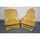 TWO MID CENTURY GOLD UPHOLSTERED ARMCHAIRS (these chairs does not comply with the Furniture and