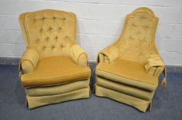 TWO MID CENTURY GOLD UPHOLSTERED ARMCHAIRS (these chairs does not comply with the Furniture and