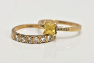 A 9CT GOLD DIAMOND HALF ETERNITY RING AND ONE OTHER, the first designed with a row of seven round