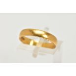 A 22CT GOLD BAND RING, plain polished band, approximate band width 3.4mm, personal engraving to