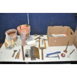 A BOX OF MISCELANEOUS to include drill bits, heavy duty Brenton bolts, trowel, screwdrivers, a