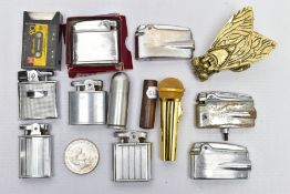 A BOX OF ASSORTED ITEMS, to include a brass wasp and twelve lighters