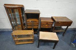 A SELECTION OF OCCASIONAL FURNITURE, to include a walnut demi lune China cabinet (missing one