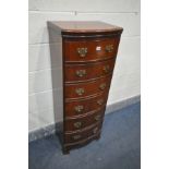 A TALL REPRODUCTION MAHOGANY BOWFRONT CHEST OF SIX DRAWERS, on bracket feet, width 47cm x depth 35cm