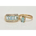 TWO 9CT GOLD GEM SET DRESS RINGS, the first centring on a slightly raised row of five rectangular,