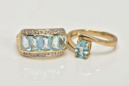 TWO 9CT GOLD GEM SET DRESS RINGS, the first centring on a slightly raised row of five rectangular,