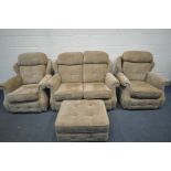 A G PLAN BROWN UPHOLSTERED FOUR PIECE LOUNGE SUITE, comprising a two seater settte, pair of
