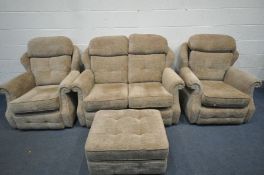 A G PLAN BROWN UPHOLSTERED FOUR PIECE LOUNGE SUITE, comprising a two seater settte, pair of