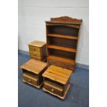 A CHERRYWOOD OPEN BOOKCASE, with a single drawer, width 84cm x depth 32cm x height 135cm, along with
