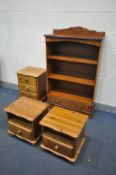 A CHERRYWOOD OPEN BOOKCASE, with a single drawer, width 84cm x depth 32cm x height 135cm, along with