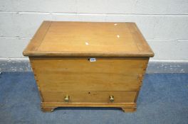 A LATE 20TH CENTURY PINE MULE CHEST, with hinged lid and single drawer, with twin brass handles to