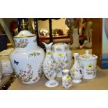 AYNSLEY CHINA 'JUST ORCHIDS' (three vases and two lidded jars), also a 'Cottage Garden' lamp base,