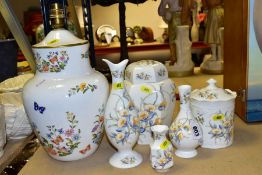 AYNSLEY CHINA 'JUST ORCHIDS' (three vases and two lidded jars), also a 'Cottage Garden' lamp base,