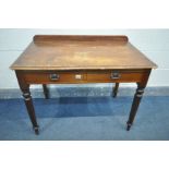 A LATE VICTORIAN MAHOGANY SIDE TABLE, with two drawers, containing sewing accessories, width 98cm